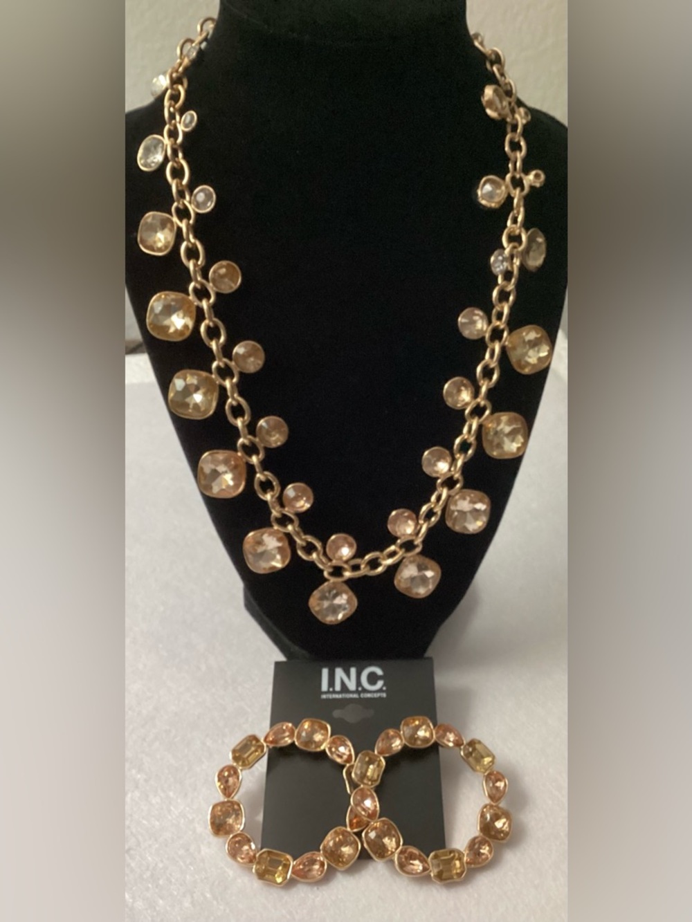 INC International Concepts Gold-Tone Champagne Crystal Necklace & Earrings Set